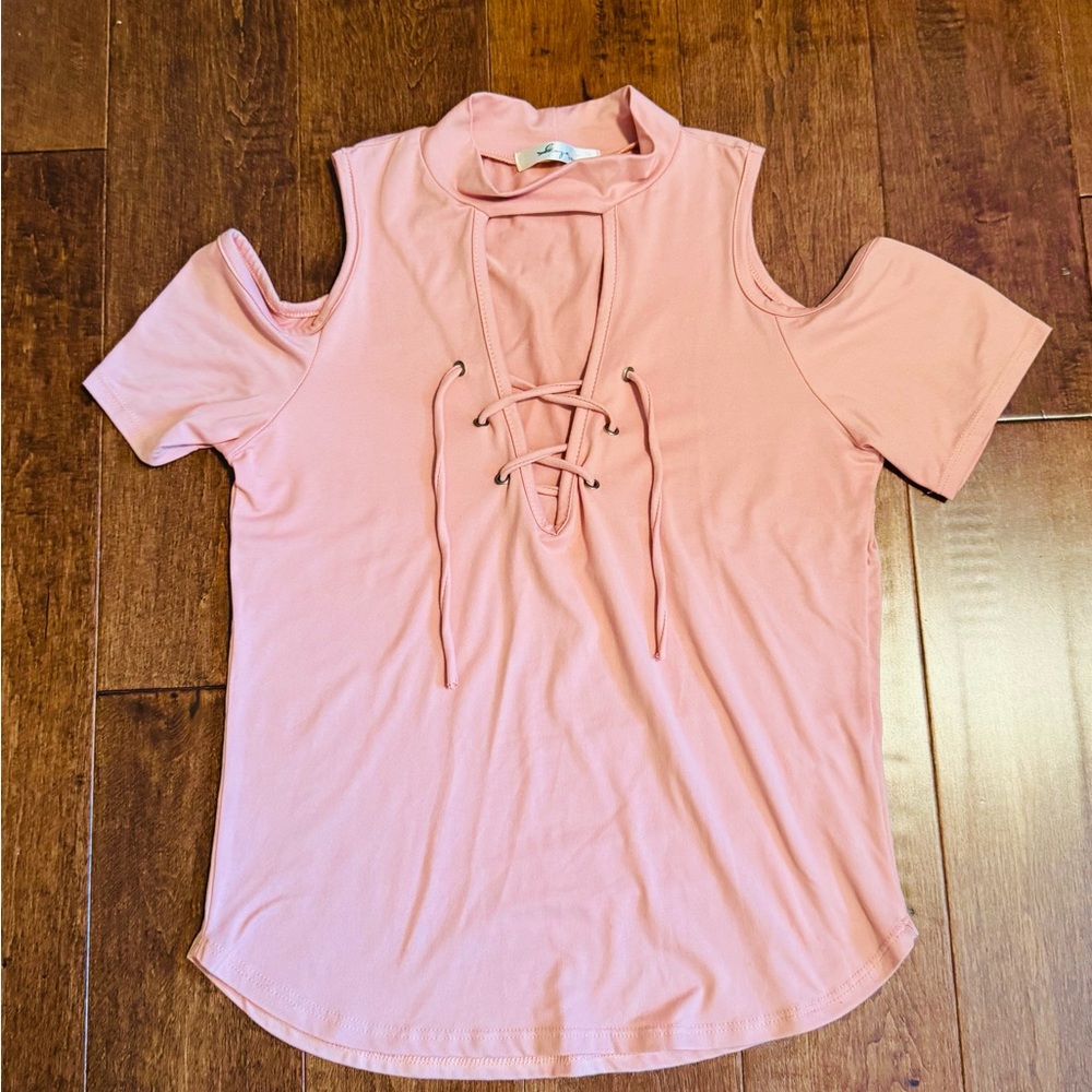 Pink Cold Shoulder Lace-Up Top